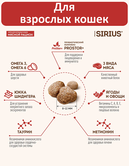 Sirius cухой корм для взрослых кошек, Мясной рацион, 10кг